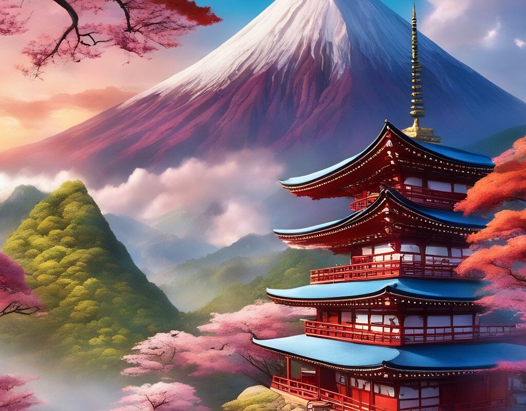 Monte sagrado en Japón con templos antiguos y paisajes serenos / Sacred mountain in Japan with ancient temples and serene landscapes
