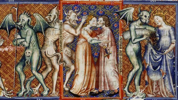 Las mujeres, débiles de espíritu... Detalle de la obra "Acciones de diablos", publicada en Cataluña a finales del siglo XIV